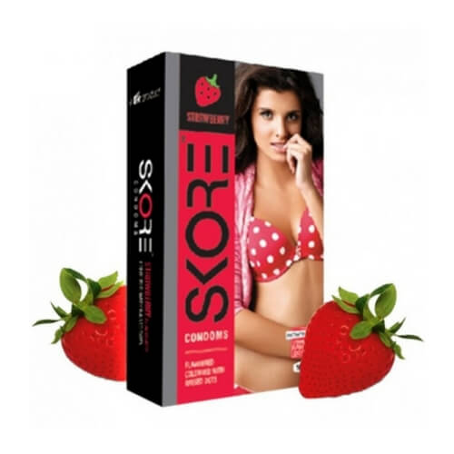 Skore Strawberry Flavoured Condoms - Coloured and 1500 Raised Dots 10s Pack