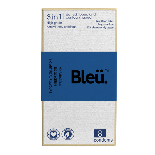 Bleu Organic 3 in 1 Condoms - Natural Latex, Paraben-Free and Non-Toxic Codoms Pack of 8 Pcs