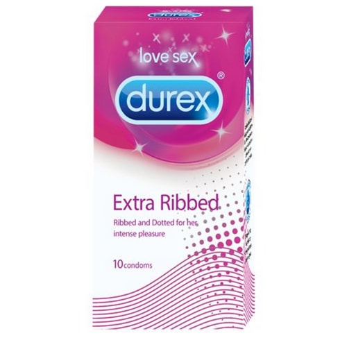 Durex Extra Ribbed Condoms - 0.070 mm thin - Ribbed and Dotted Texture - Regular Size 10 Condoms