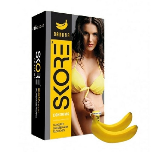Skore Banana Flavoured Condoms - Coloured and 1500 Raised Dots 10s Pack