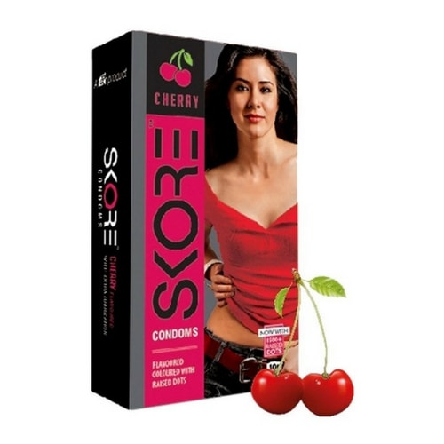 Skore Cherry Flavoured Condoms - Coloured and 1500 Raised Dots 10s Pack