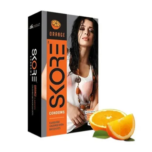 Skore Orange Flavoured and Coloured Condoms - 1500 Raised Dots 10s Pack